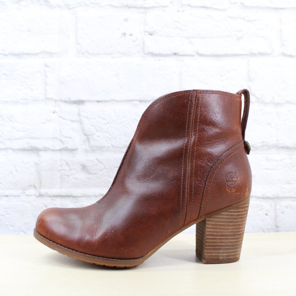 TIMBERLAND Brown Leather Heeled Ankle Boots Side Z - Picture 1 of 9